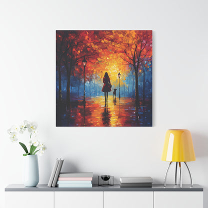 Autumn Walk with Dog – Vibrant Matte Canvas Art