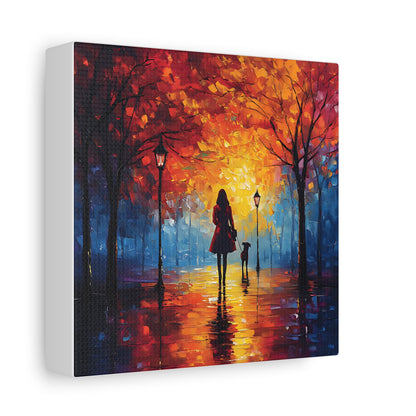 Autumn Walk with Dog – Vibrant Matte Canvas Art