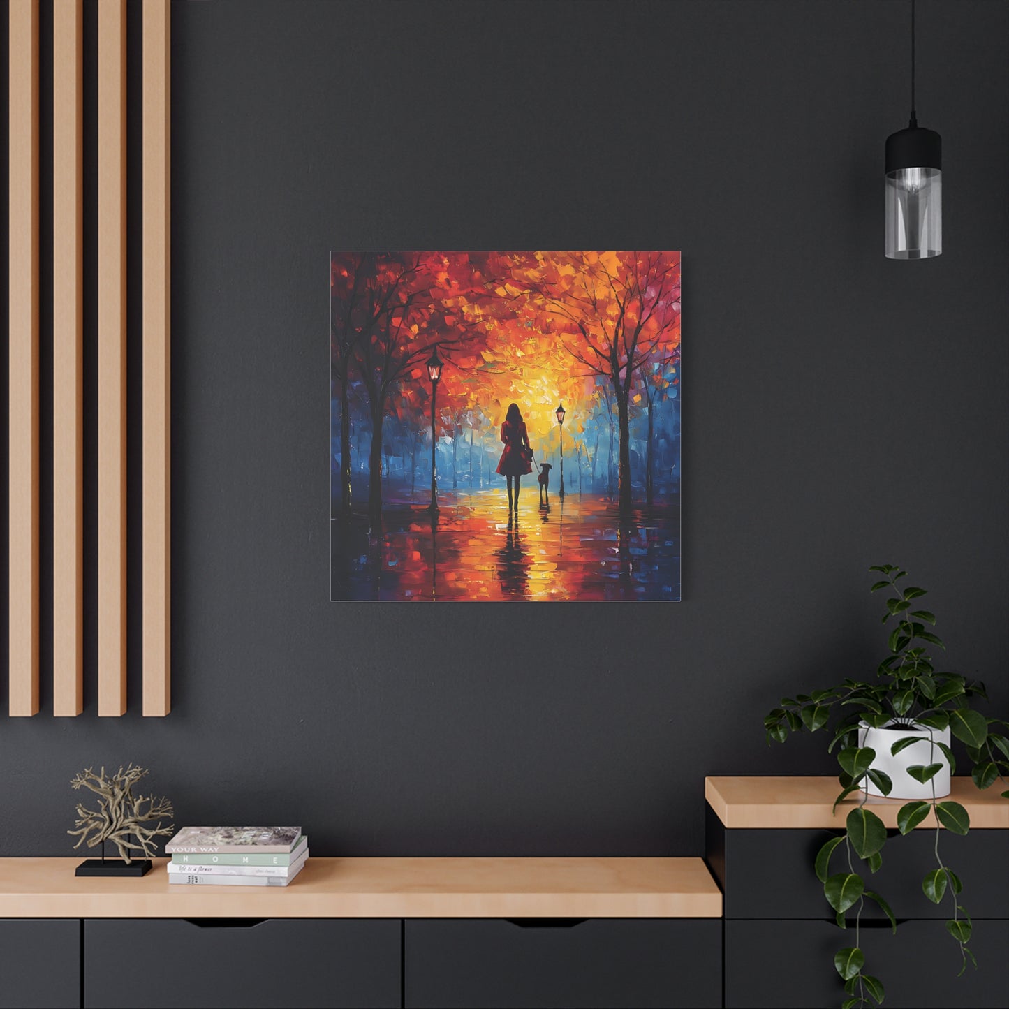 Autumn Walk with Dog – Vibrant Matte Canvas Art