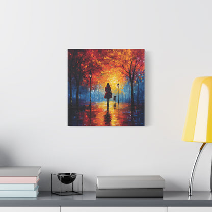 Autumn Walk with Dog – Vibrant Matte Canvas Art