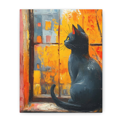 Black Cat in Autumn Window – Oil Painting Style On Canvas Print