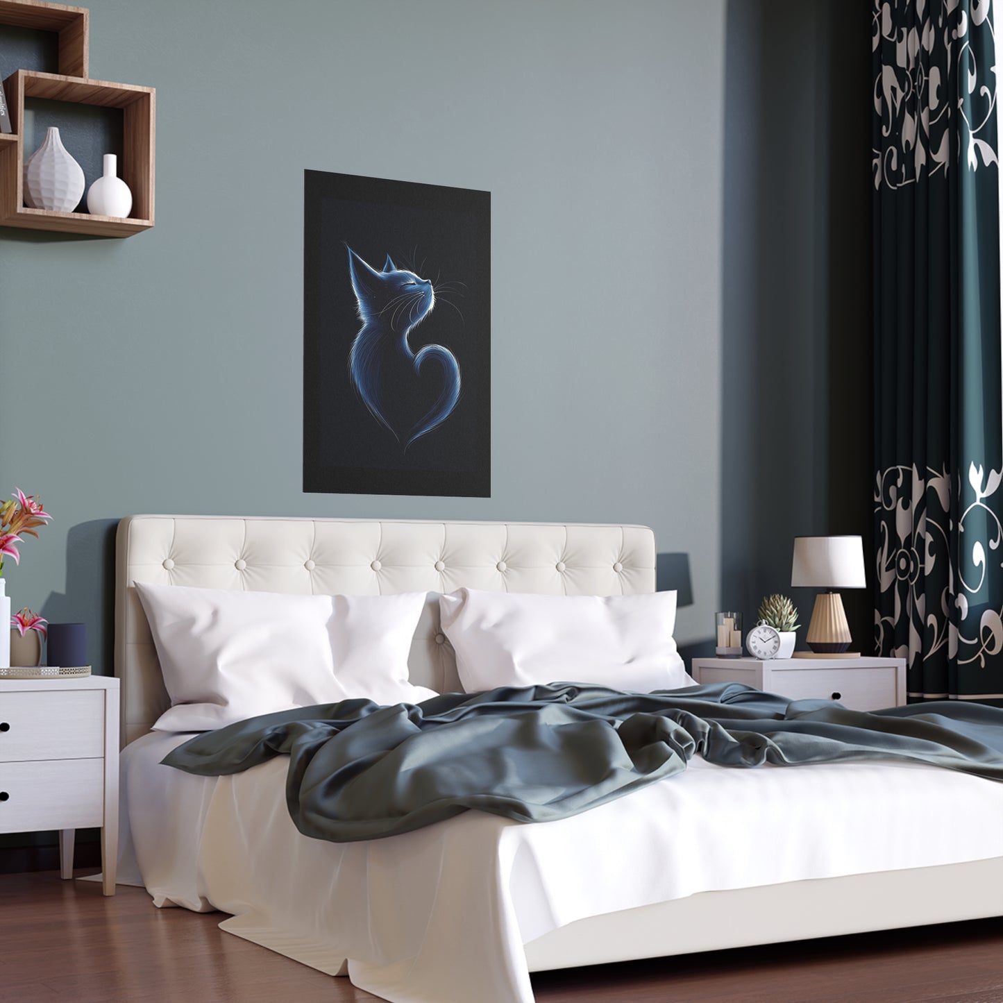 Elegant Blue Cat Heart Silk Poster – Indoor & Outdoor Decor