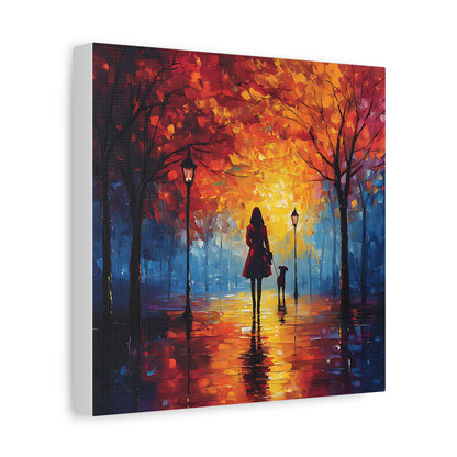 Autumn Walk with Dog – Vibrant Matte Canvas Art