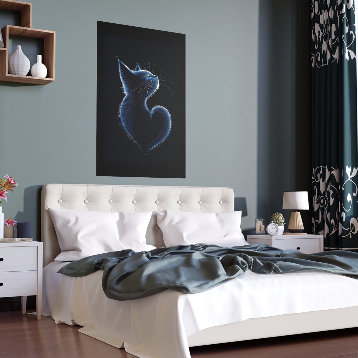 Elegant Blue Cat Heart Silk Poster – Indoor & Outdoor Decor