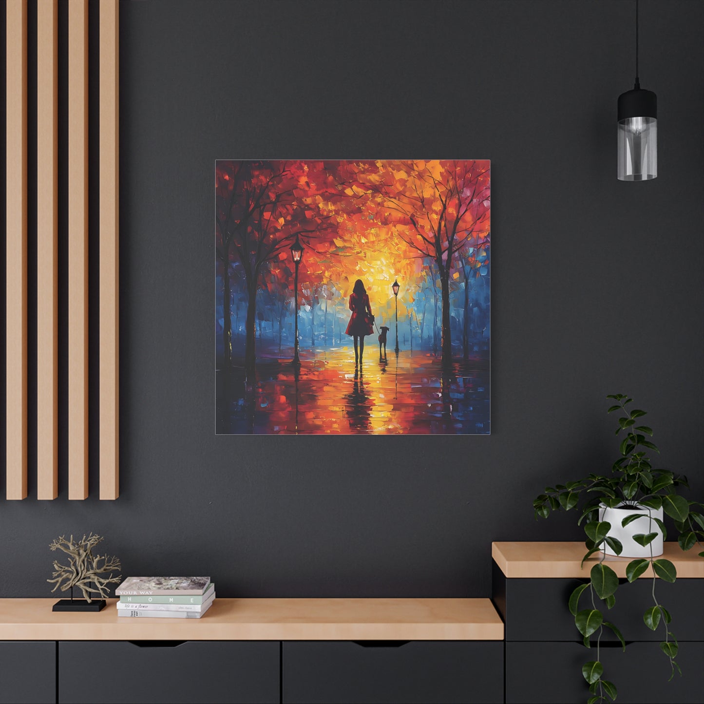 Autumn Walk with Dog – Vibrant Matte Canvas Art