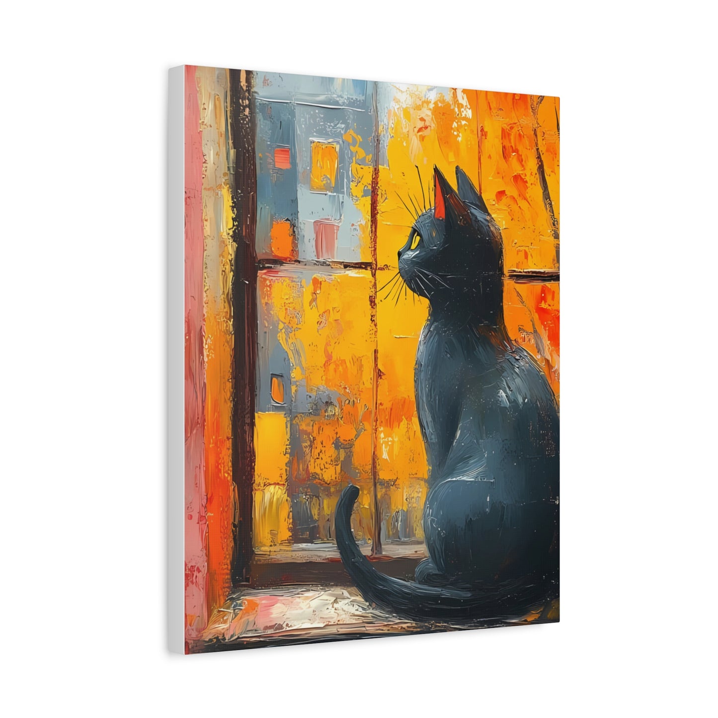 Black Cat in Autumn Window – Oil Painting Style On Canvas Print