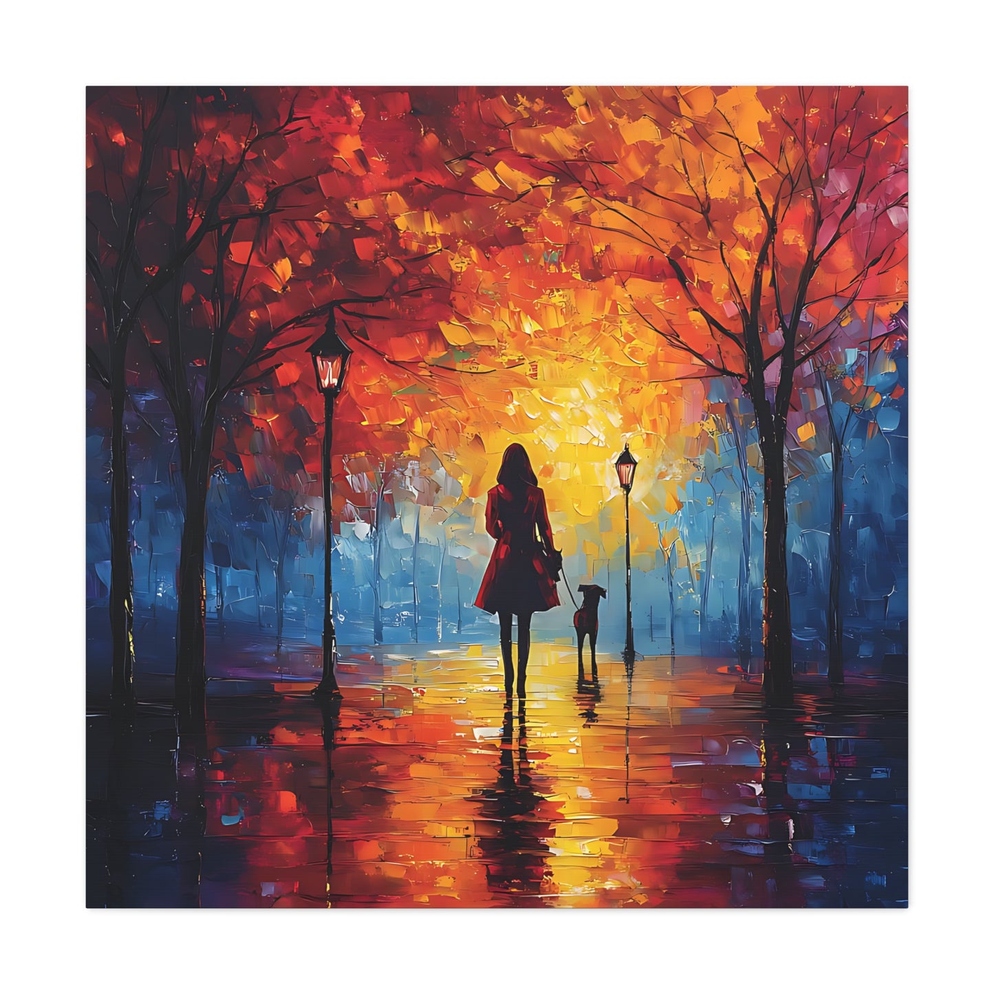 Autumn Walk with Dog – Vibrant Matte Canvas Art