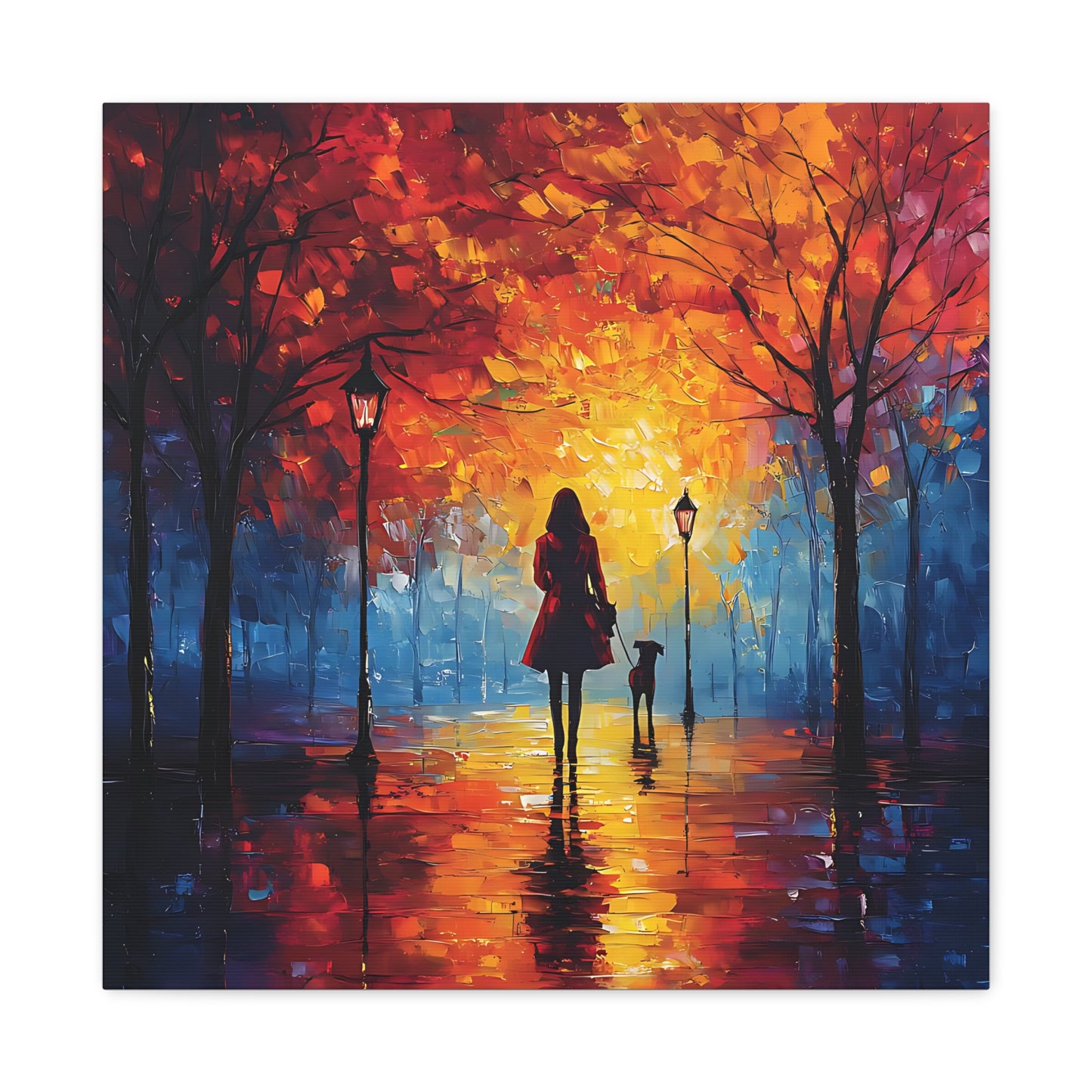 Autumn Walk with Dog – Vibrant Matte Canvas Art