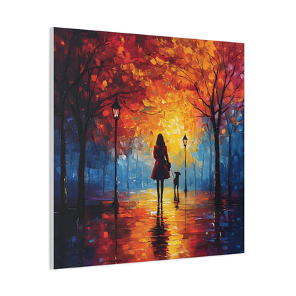 Autumn Walk with Dog – Vibrant Matte Canvas Art