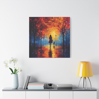 Autumn Walk with Dog – Vibrant Matte Canvas Art