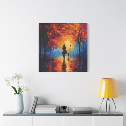 Autumn Walk with Dog – Vibrant Matte Canvas Art