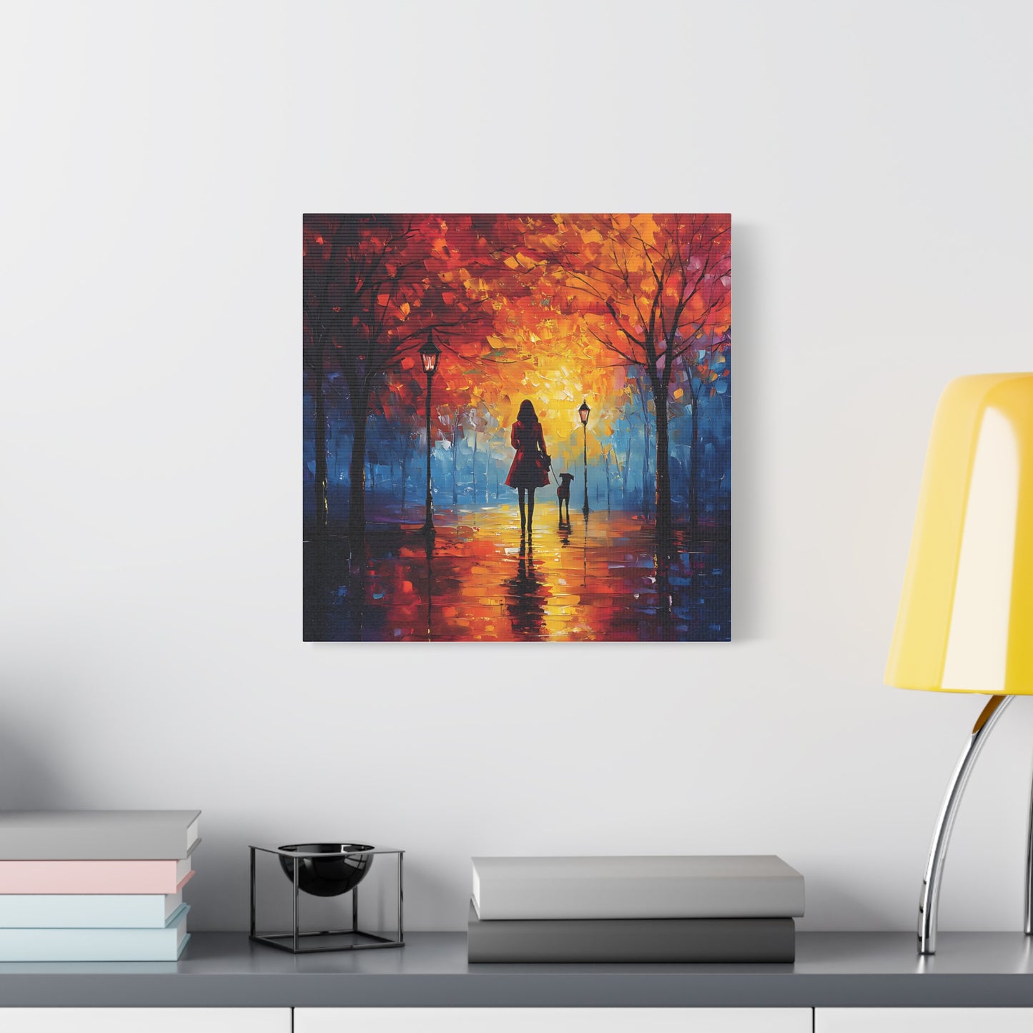 Autumn Walk with Dog – Vibrant Matte Canvas Art