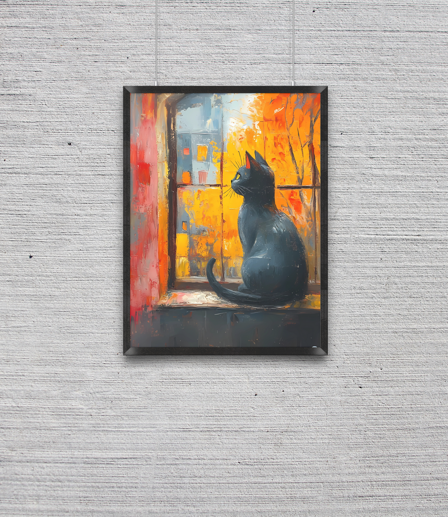 Black Cat in Autumn Window – Oil Painting Style On Canvas Print