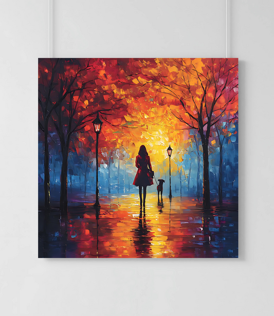 Autumn Walk with Dog – Vibrant Matte Canvas Art